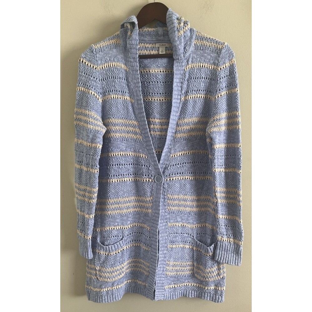 LL Bean Women’s Cotton Striped  Hooded 100% Cotton Blue Cardigan Size L